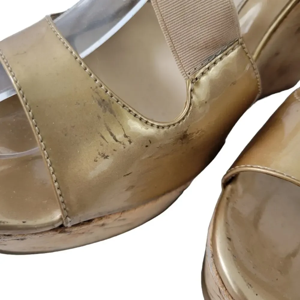 Fendi Neutrals Patent Leather Wedge Platform Sandals IT 38 (8 Women) Gold Tan